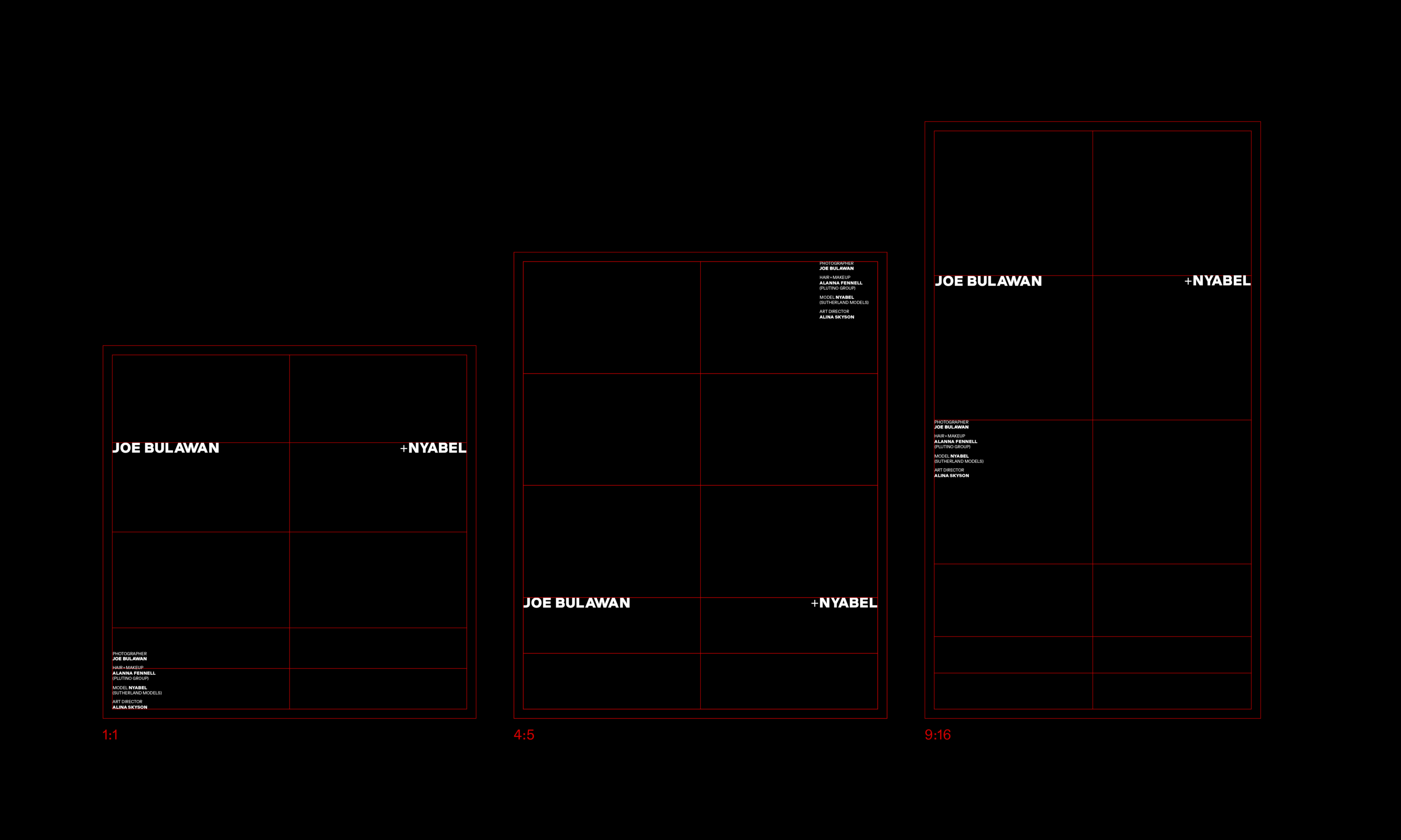 Grid system layout for Joe Bulawan’s visual identity, demonstrating the structured placement of the wordmark across different aspect ratios (1:1, 4:5, 9:16). Design by Alina Skyson.