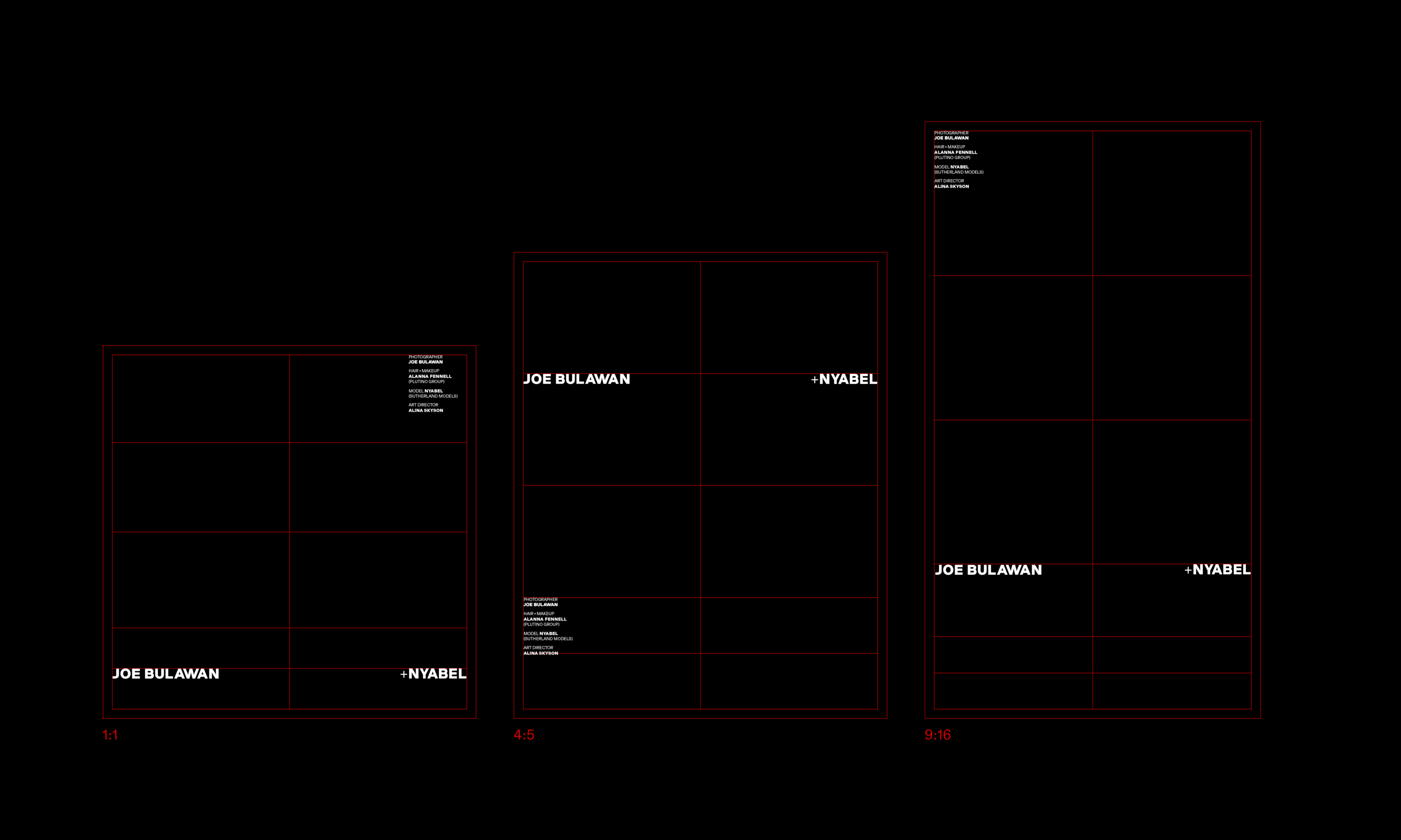Grid system layout for Joe Bulawan’s visual identity, demonstrating the structured placement of the wordmark across different aspect ratios (1:1, 4:5, 9:16). Design by Alina Skyson.