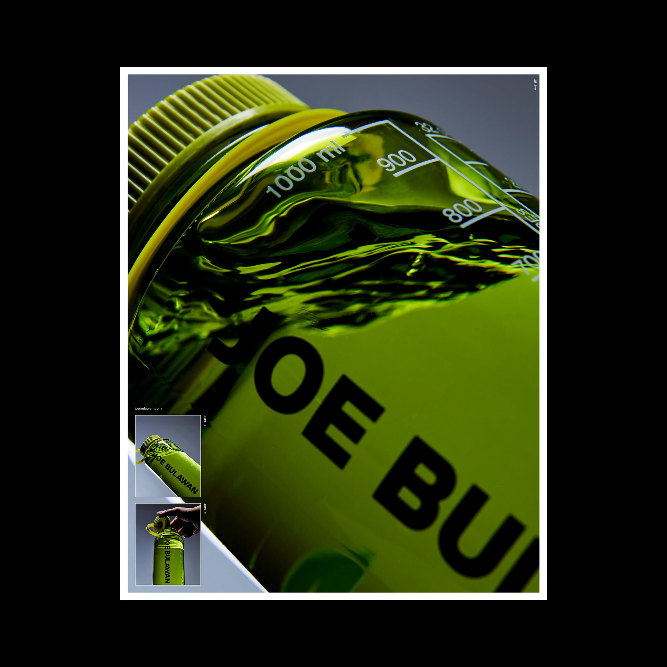 Close-up of a branded bottle with Joe Bulawan’s typography wrapping around the surface, emphasizing sleek and modern product design.